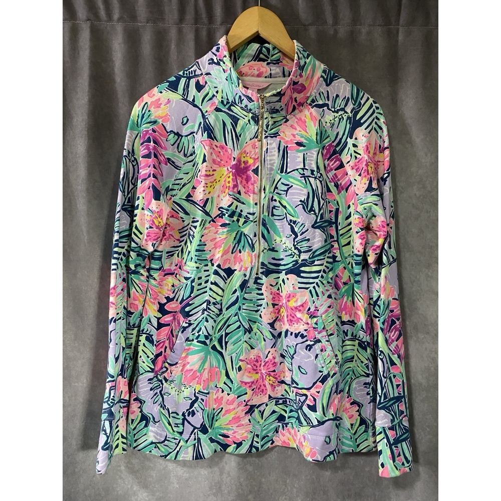 LILLY PULITZER Sz Med Skipper Popover 1/2 Zip Pink Tropical Elephant UPF Cotton